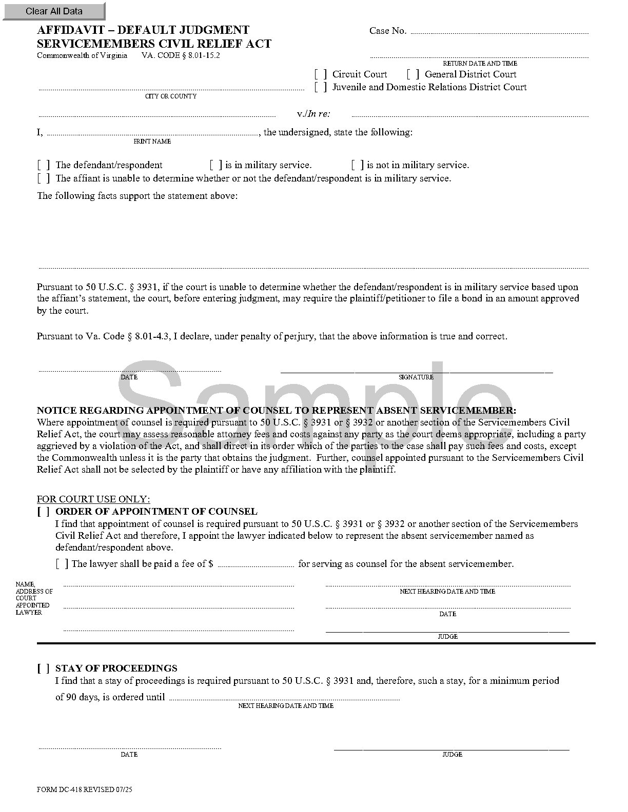 Sample image Affidavit — Default Judgement Servicemembers Civil Relief Act